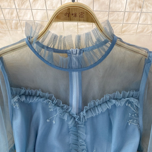 Super xiansen series fungus edge stand collar mesh dress 3263