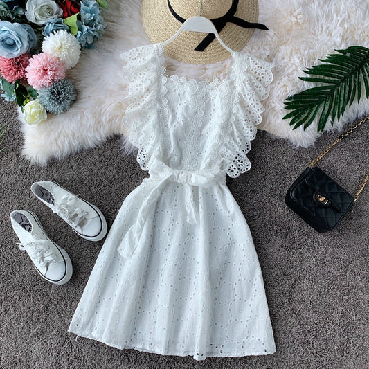 Vintage Lace square neck waist slim dress 2827