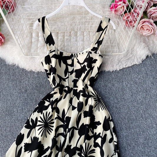 Retro French minority print square neck waist slim suspender dress 3138