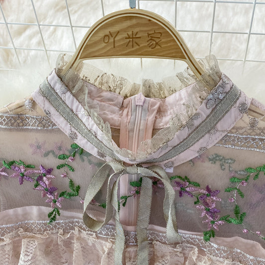 Light luxury stand collar embroidered lace dress 3370