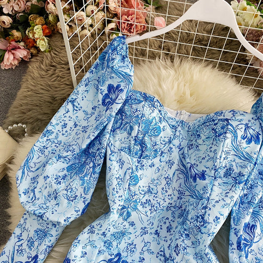 Blue and white porcelain printed square neck sexy Lantern Sleeve Dress 2813