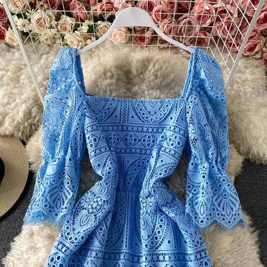 Lace cut-out foreign style bubble sleeve slim dress 2891