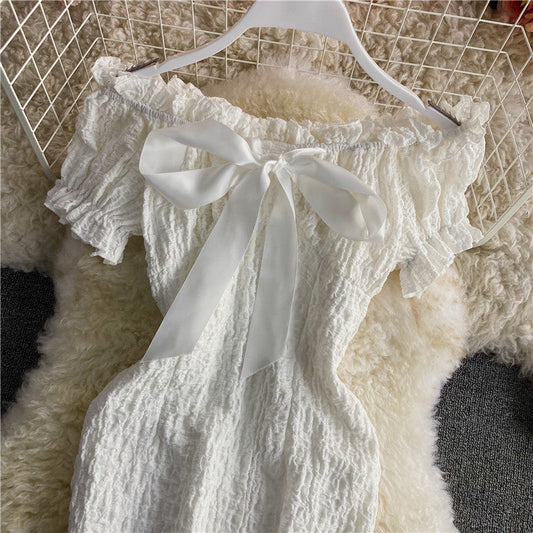 Retro sweet waist closed thin off shoulder backless dress 2851