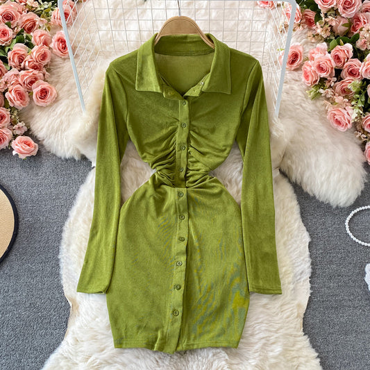 High waist pleated Lapel dress women's short skirt 3241