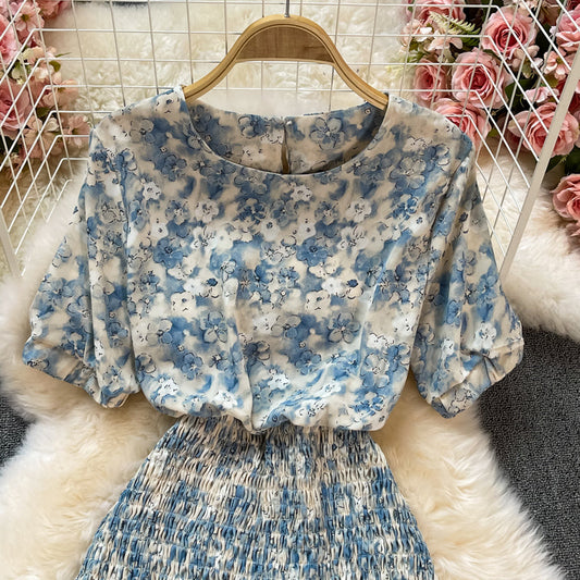 Round neck short sleeve Floral Chiffon fishtail dress 2894