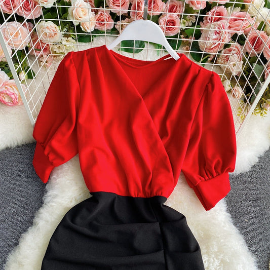Pleated waist with thin design and color blocking dress 3421