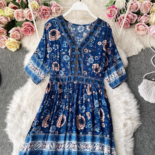 Ruffle floral dress big skirt holiday gentle wind long skirt 3141