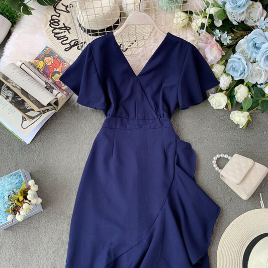 Ruffle front short back irregular middle skirt irregular dress 3400
