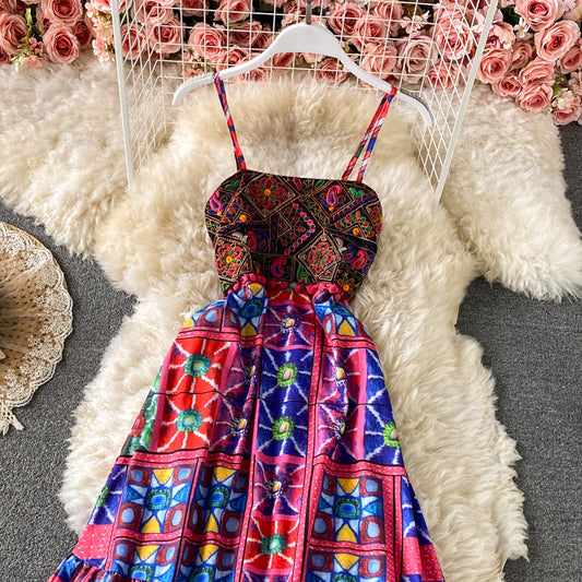 Printed ethnic embroidery suspender dress 3439