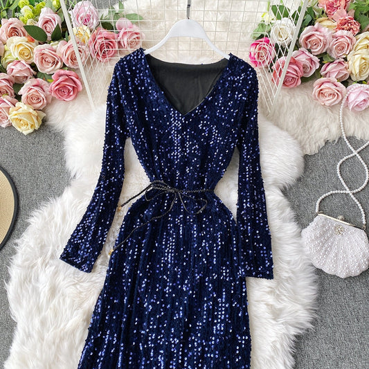 V-neck Sequin dress long sleeve waist closing lady temperament long skirt 3139