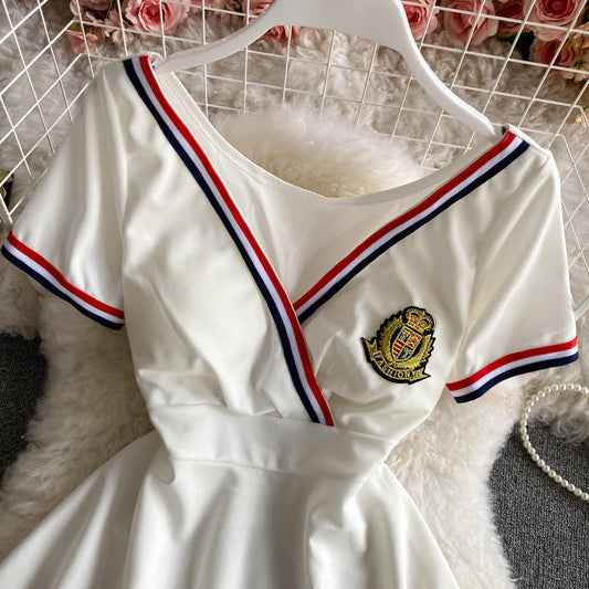 Navy V-neck open chest sexy short sleeve dress 2840