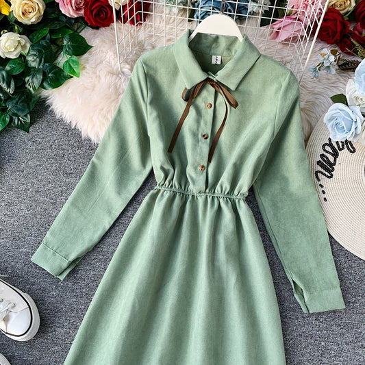 French retro super fairy waist skirt core velvet shirt dress 3401
