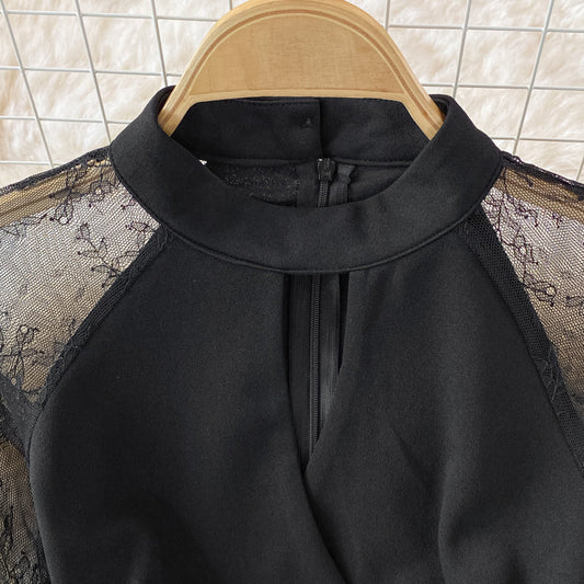 Mesh stitched long sleeve perspective Hip Wrap waist black dress 3228