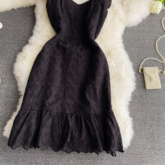 Lace hollow bubble sleeve temperament flounce suspender dress 2765