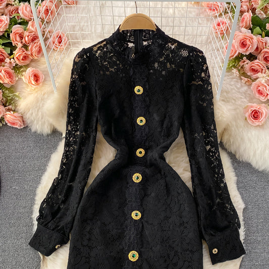 Light luxury medium length stand collar lace Hip Wrap Dress long sleeve 3236