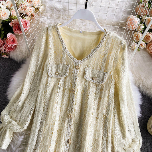 Ruffle panel lace flare sleeve French long sleeve V-neck dress 3146