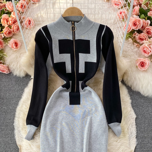 Contrast fashionable foreign style tight knit Hip Wrap bottomed skirt 3087