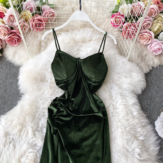 Vintage Hepburn velvet dress split Strapless suspender dress 3142