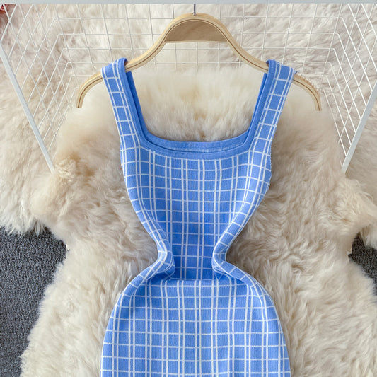 Suspender skirt shows thin ice silk knitted Plaid Hip Wrap Dress 2756