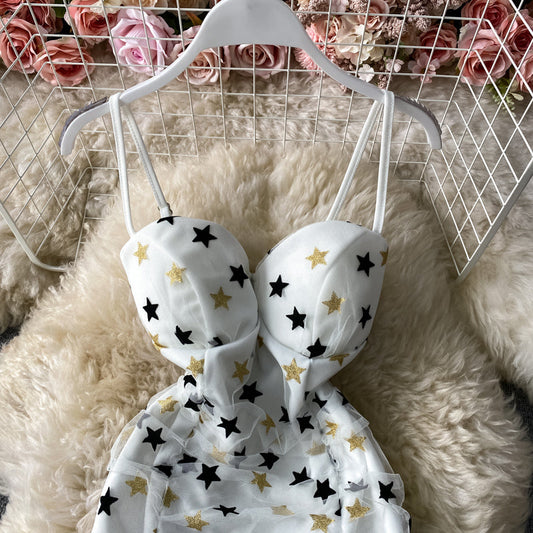 Star mesh splicing suspender Hip Wrap Skirt pleated strapless dress 3032