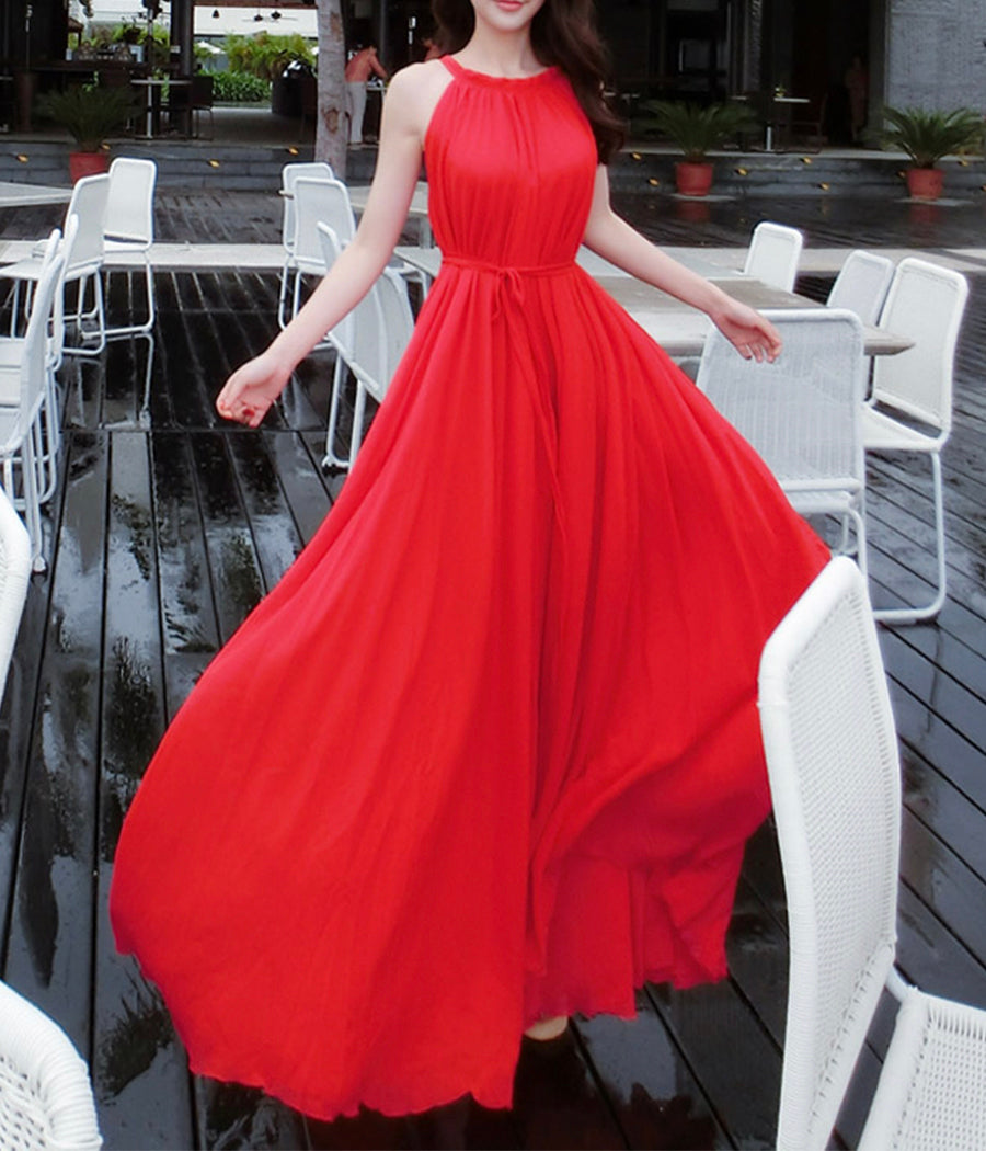 Red chiffon long dress women's dress 1190
