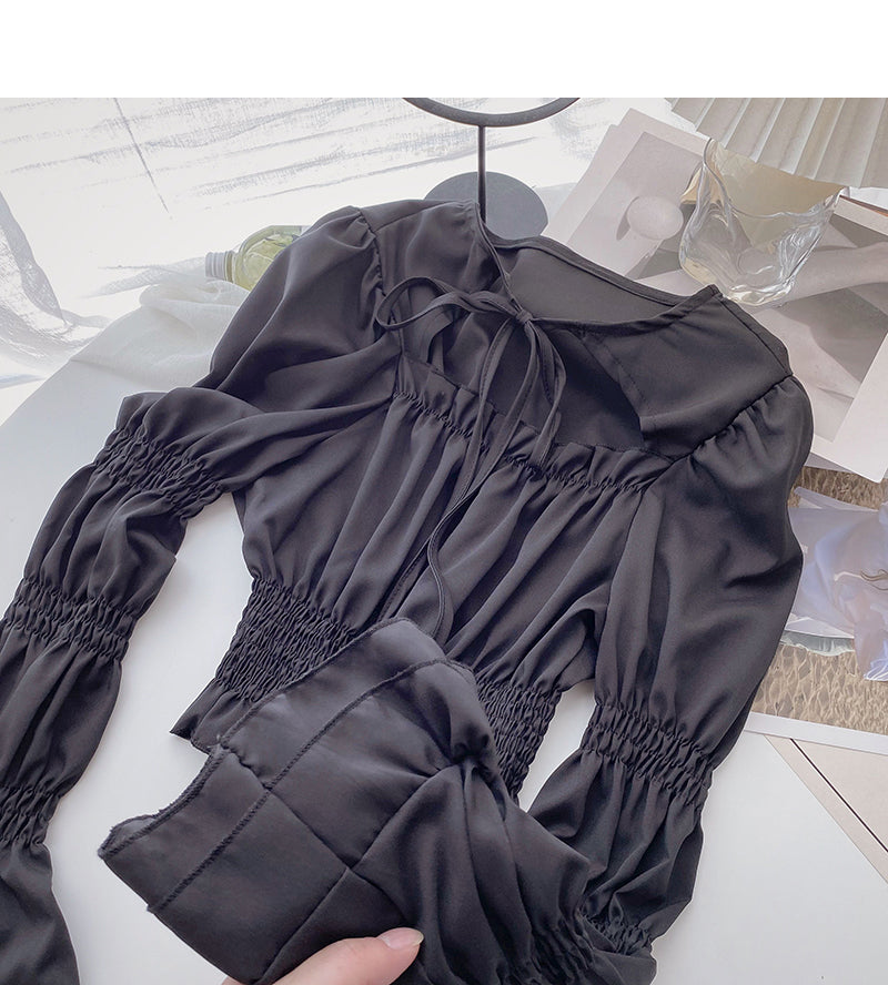 Square Neck Lace Up hollowed out trumpet sleeve top 6291