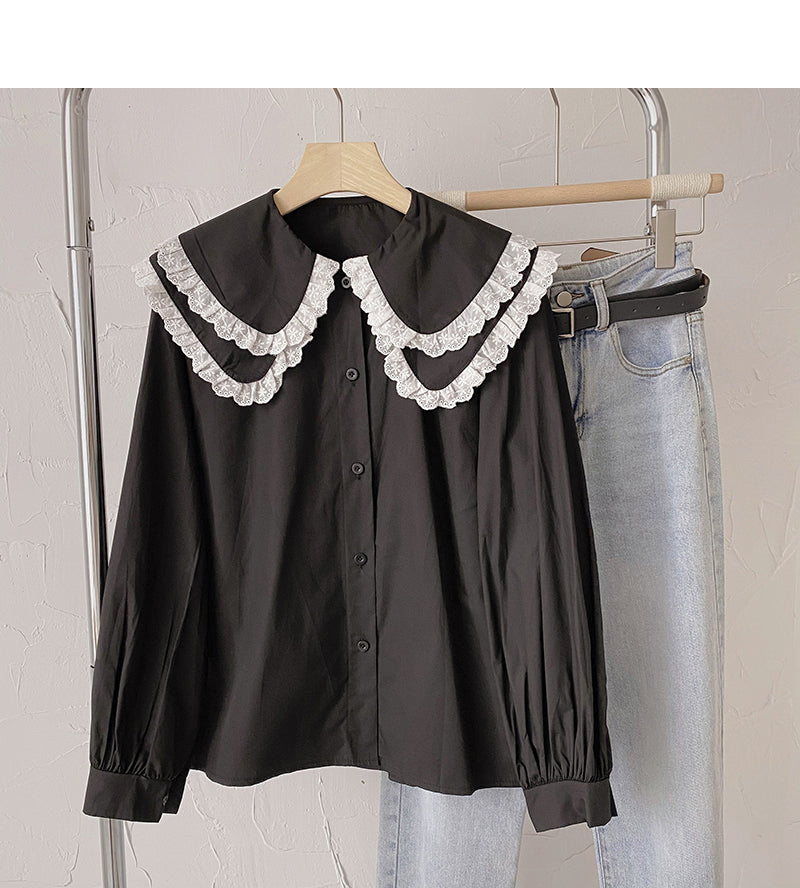 Lace Baby collar shirt Korean version thin and foreign style single breasted top 6435