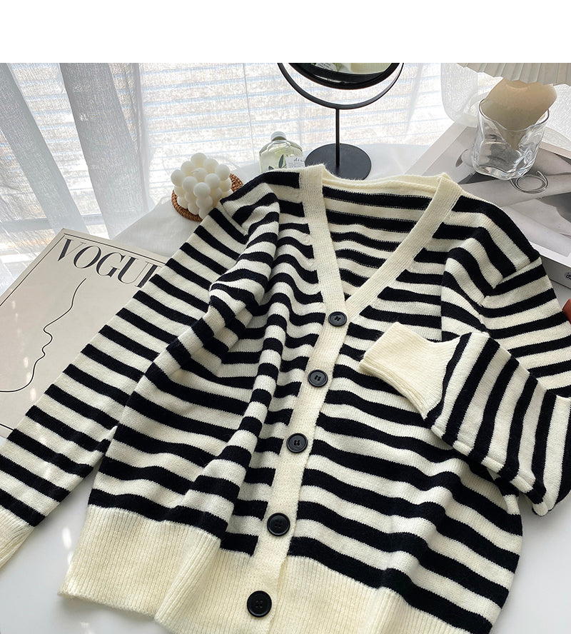 Vintage long sleeve knitted cardigan stripe V-neck casual top 6634