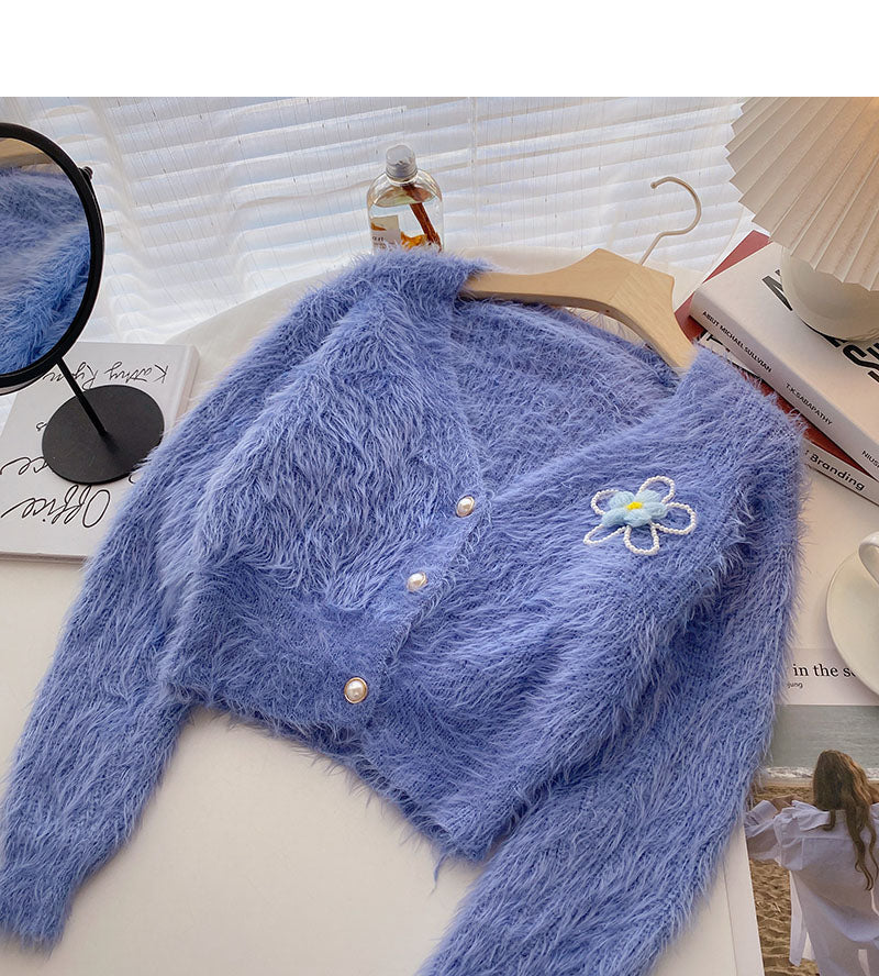 Sweet foreign style short V-neck flower nail bead top cardigan 6019