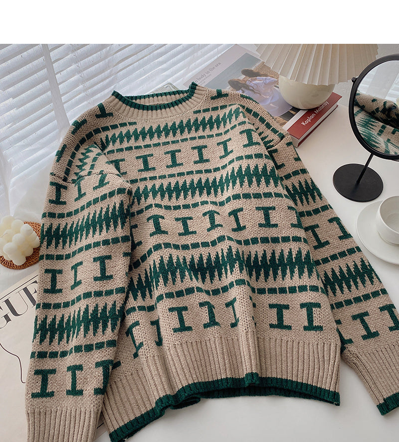 Lazy Hong Kong retro contrast color round neck long sleeve loose top 5963