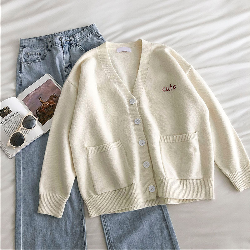 Letter loose long sleeve V-neck double pocket T-shirt 5838