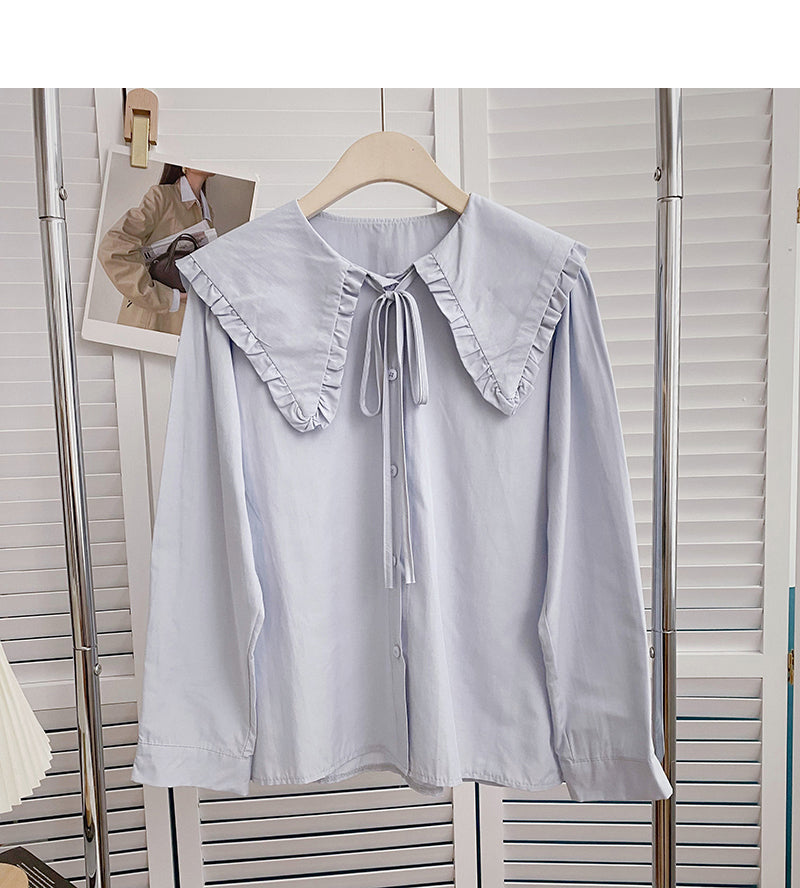 Solid long sleeved shirt with baby collar lace tie top 6432