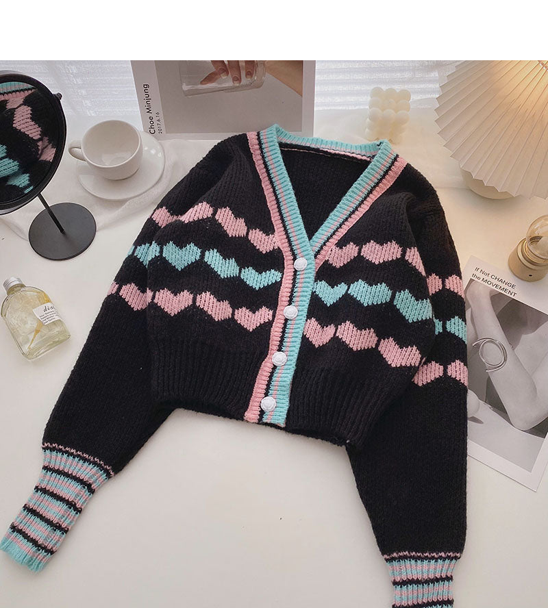 Little fresh girl color contrast love short long sleeve Knitted Top 5855