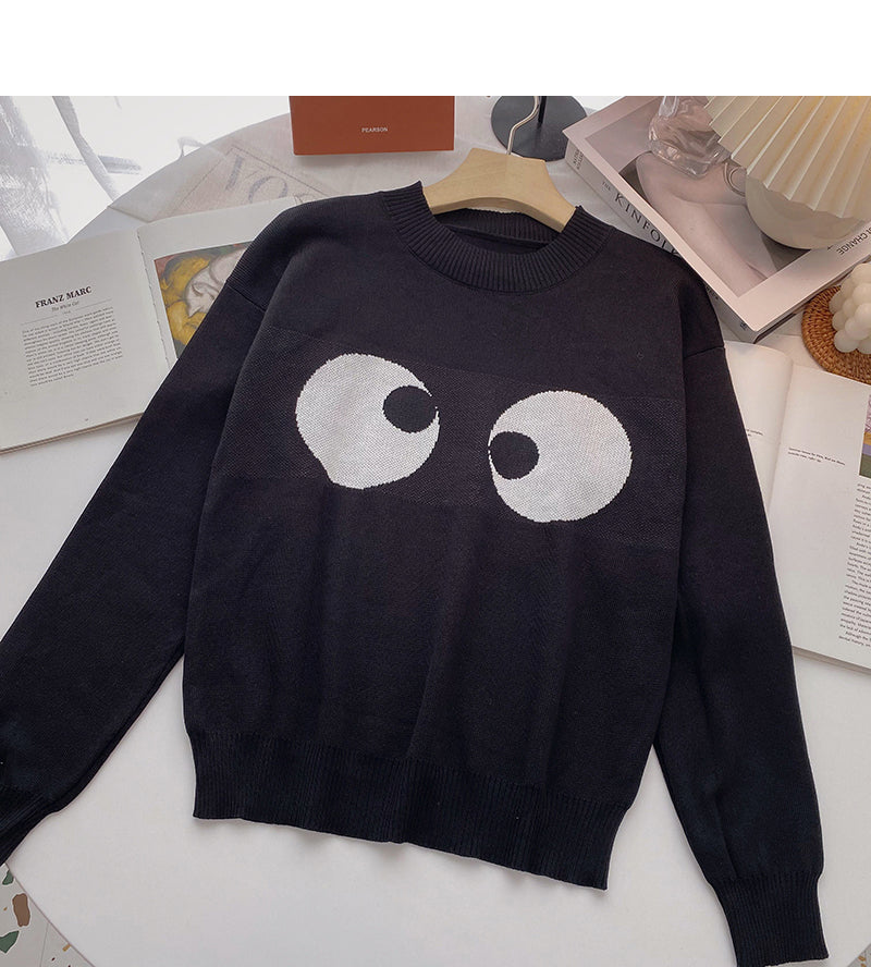 Long sleeved Pullover Sweater aging contrast color big eye top 6459