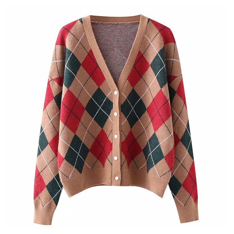 V-neck diamond check button long sleeve loose knit cardigan coat 7362