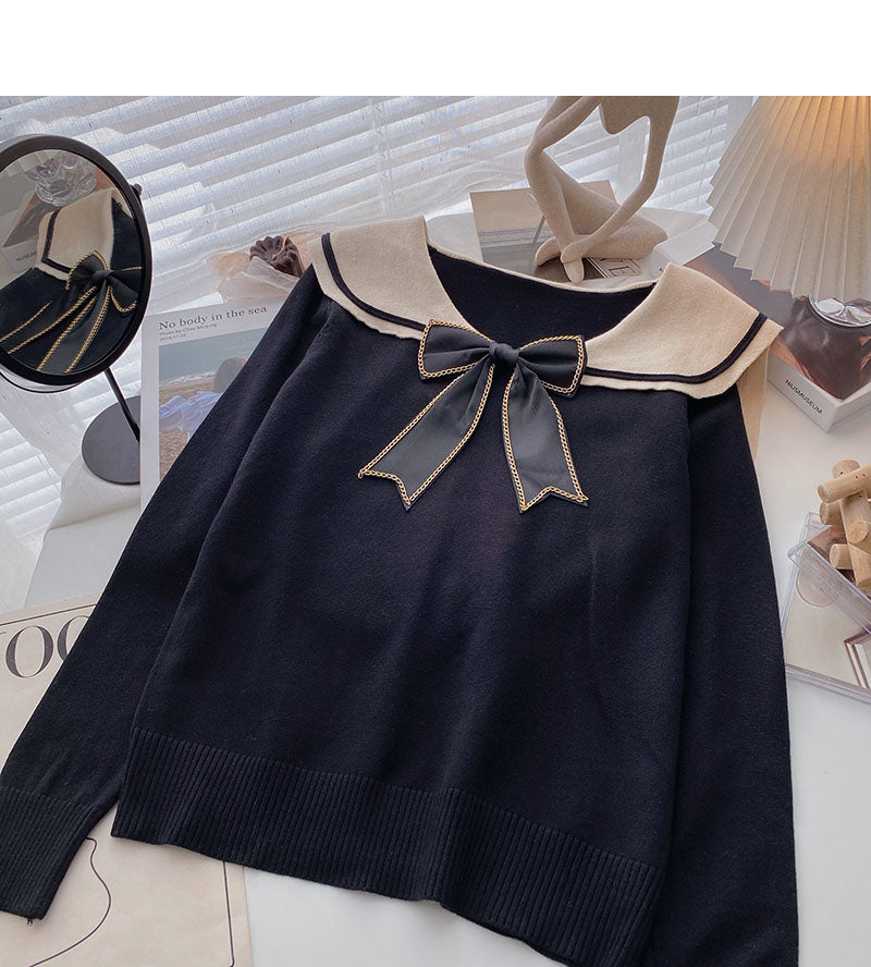 Long sleeved sweater personalized bow Navy collar top 6597