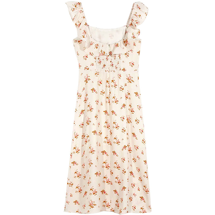 French gentle first love elastic wrinkled girl broken flower knee dress 7092
