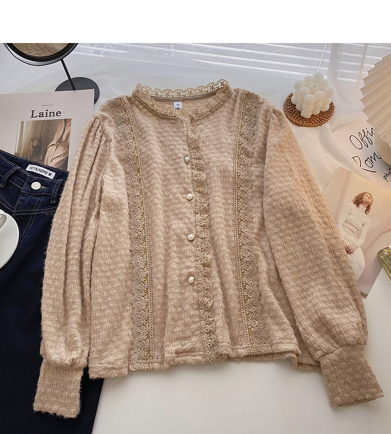 Korean version of foreign style solid color lace round neck top 6335