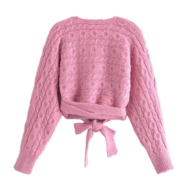 Fashion V-neck eight strand knitted sweater bandage knitted coat 7178