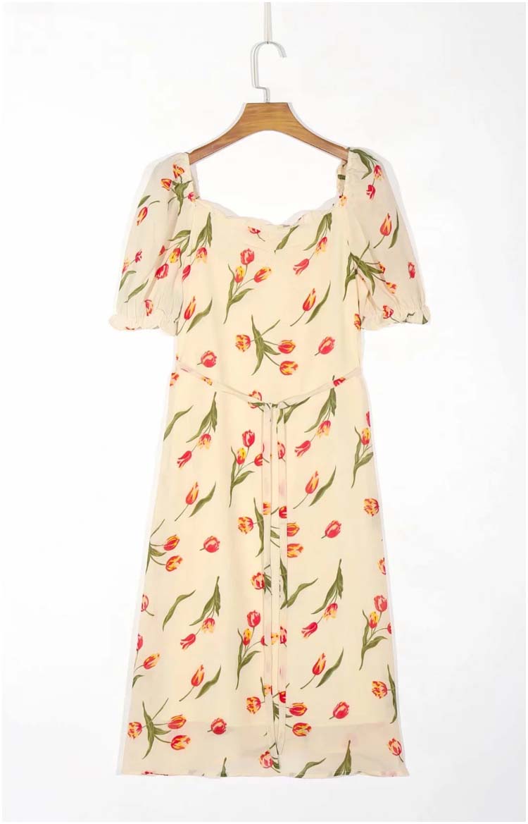 Versatile French square neck waist slim floral Knee Length Dress 7138