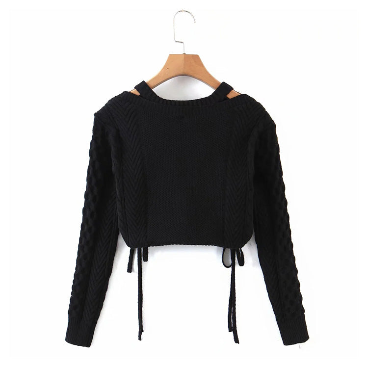 Collarbone hollow long sleeve knitted sweater 7234