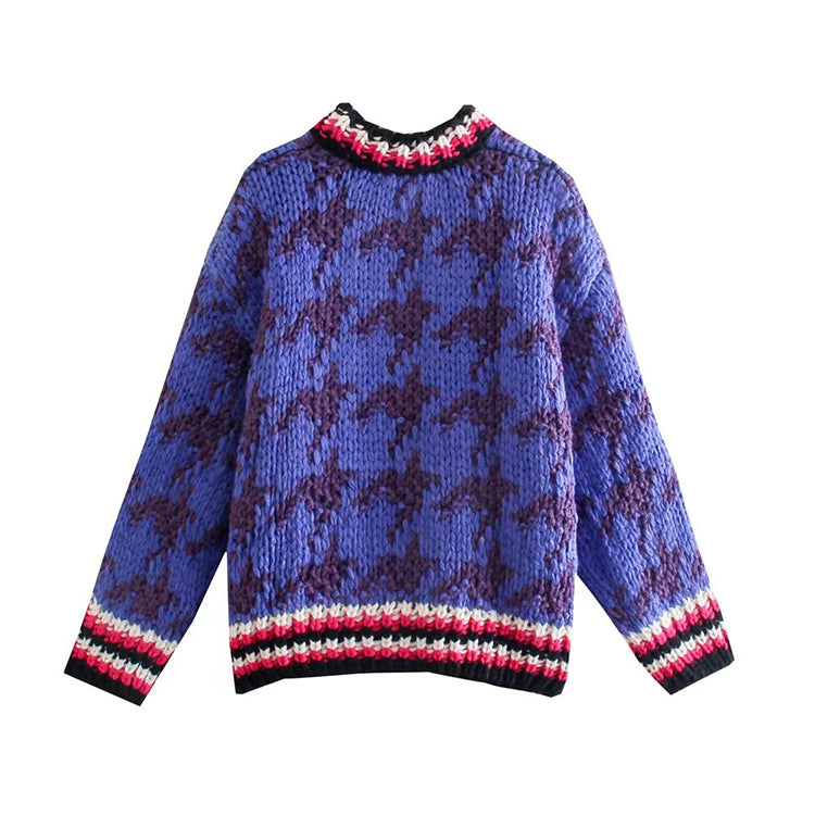 Multi panel contrast bird check jacquard sweater women's sweater 7492
