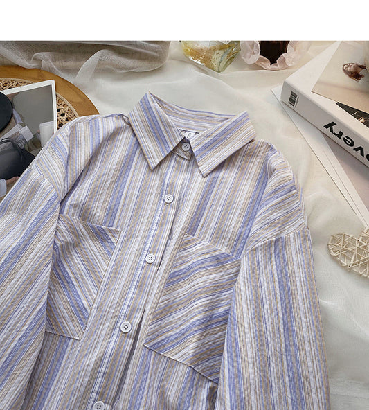 Lazy wind Stripe Shirt loose long sleeve cardigan top 6424
