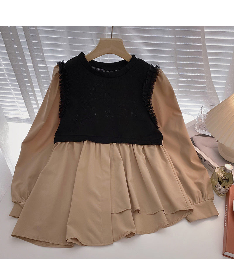 Korean lace knit stitched long sleeve irregular thin top 6314