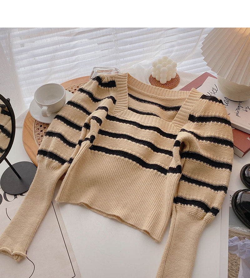 T-shirt square neck short lantern long sleeve slim top 6581