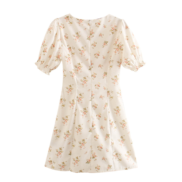 French Floral Vintage square neck bubble sleeve dress skirt 7038