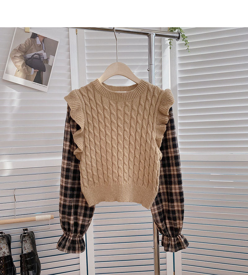 Vintage Linen knitted Plaid long sleeve sweater 6141