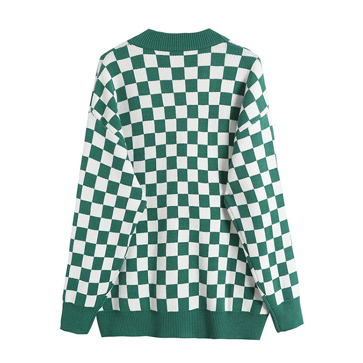 Vintage chessboard Plaid V-neck knitted jacket 7485