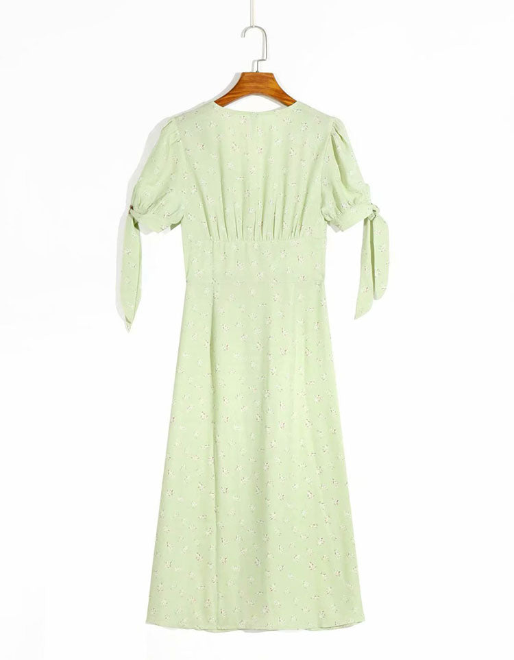 V-neck single breasted slim fit green floral bow cuffs long women's dress 7062