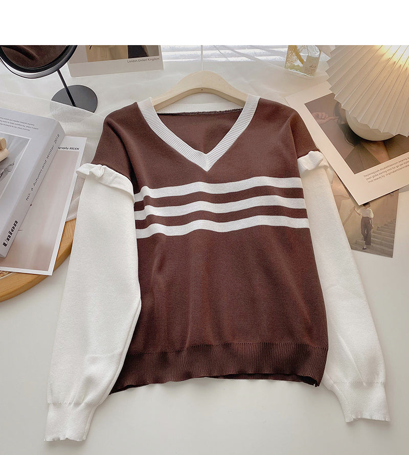 Striped V-neck color blocking long sleeve T-shirt 6615